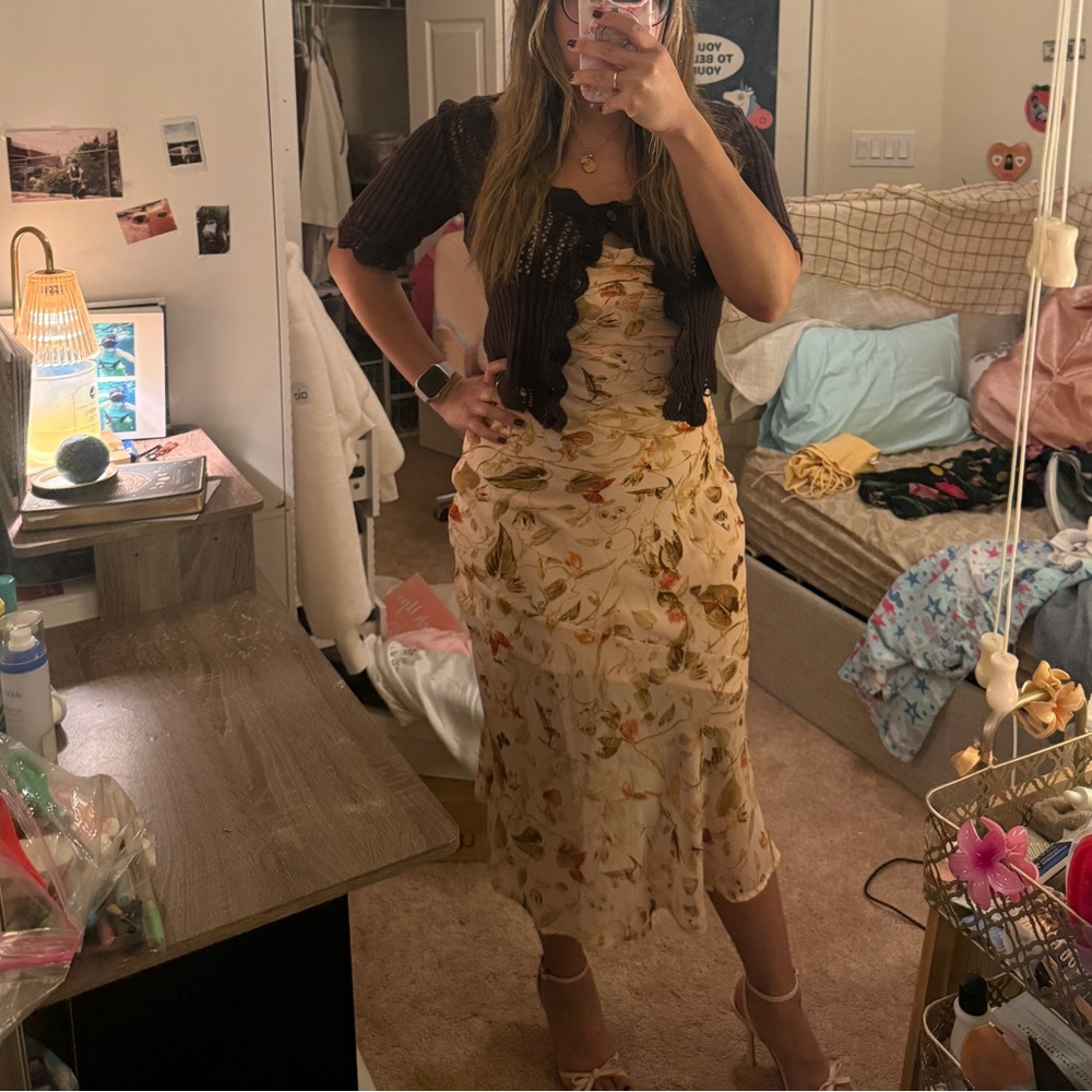 Forever 21 Fall Floral Butterfly Creamy Nude spaghetti strap midi Dress